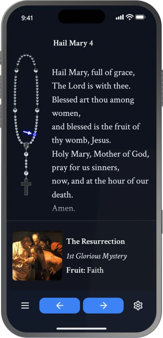 Rosary Compass on an iPhone, on the 4th Hail Mary of the 1st Glorious Mystery, the Resurrection
