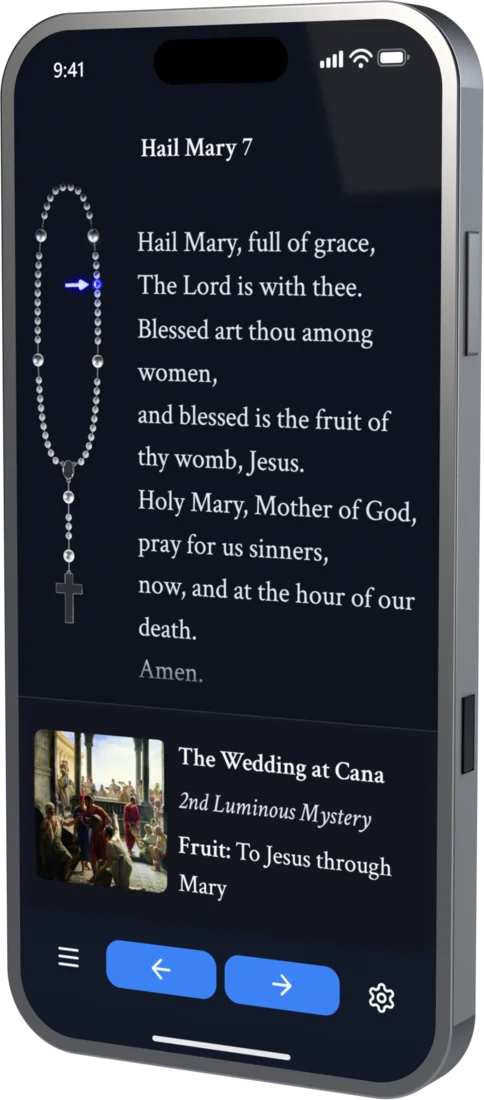 Rosary Compass on an iPhone, on the 7th Hail Mary of the 2nd Luminous Mystery, the Wedding at Cana